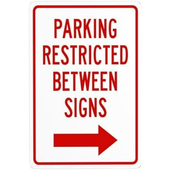 Parking Restricted Between Signs Right Arrow Symbol Metal Warning Signs, Cautions Tin Sign, Posted Signs for Street Business Wall Decor 8 x 12 Inch