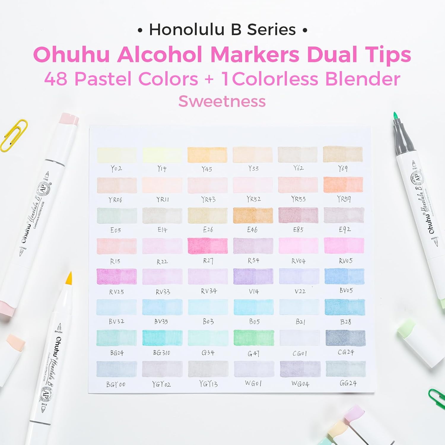 Ohuhu 48 Pastel Alcohol Markers with 1 Blender and Case, Brush & Fine Dual Tips for Illustration-Sweetness