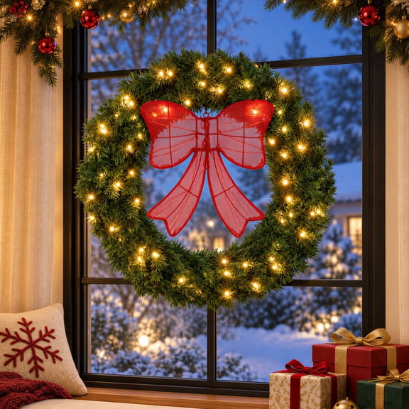 EDX 30" Pre-Lit Christmas Wreath, Artificial Pine PVC Wreath with 130 Warm White LED Lights and Decorative Bow, Christmas Door Decor