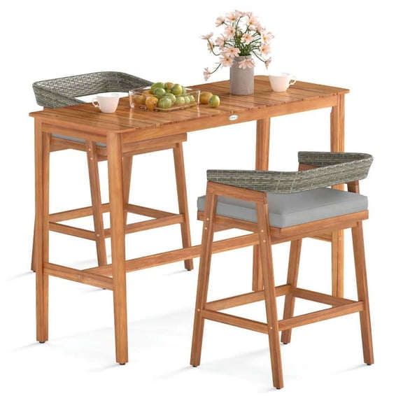 Demifill 3 Pieces Patio Counter Height Bar Set of 2, Cushioned Barstools for Outdoor as Garden, Backyard, Porch, Brown