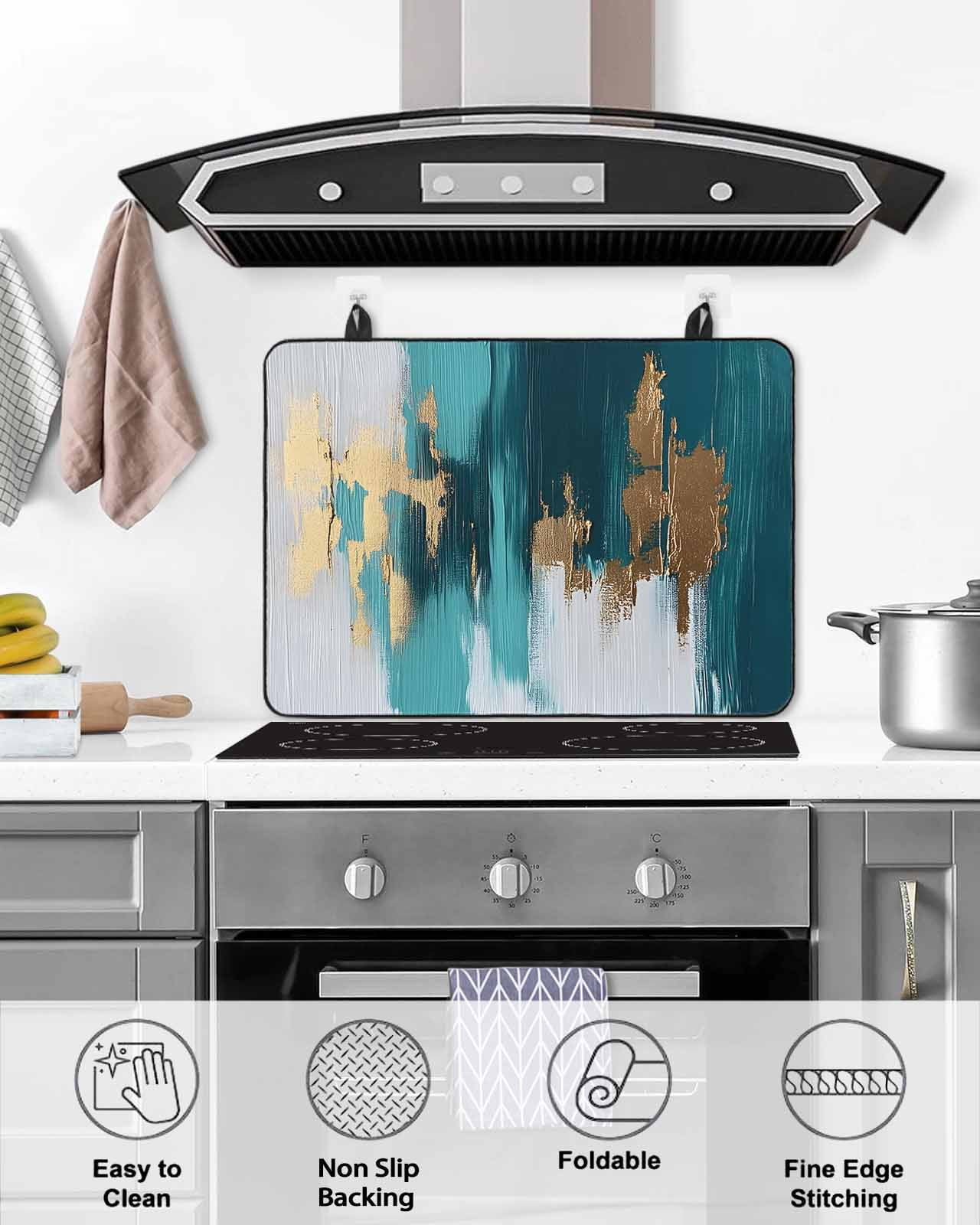 nqOlkjepod Large Induction Cooktop Protector Mat 36"x21", Abstract Teal Green Stove Top Covers for Electric Stove, White Gold Textured Art Decorative Stove Burner Cover Mats, Glass Top Stove Cover