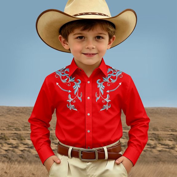 FYDUU Boy's Western Cowboy Shirt Printed Long Sleeve Shirts Vintage Casual Button Up Blouses Regular Fit Dress Shirts For Kids Festival Tops 10-11 Years