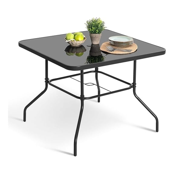 32'' Square Outdoor Table, Patio Table with Umbrella Hole, Patio Dining Table with Tempered Glass, Outdoor Dining Tables, Square Patio Table for Balcony, Backyard, Poolside, Sunroom, Black