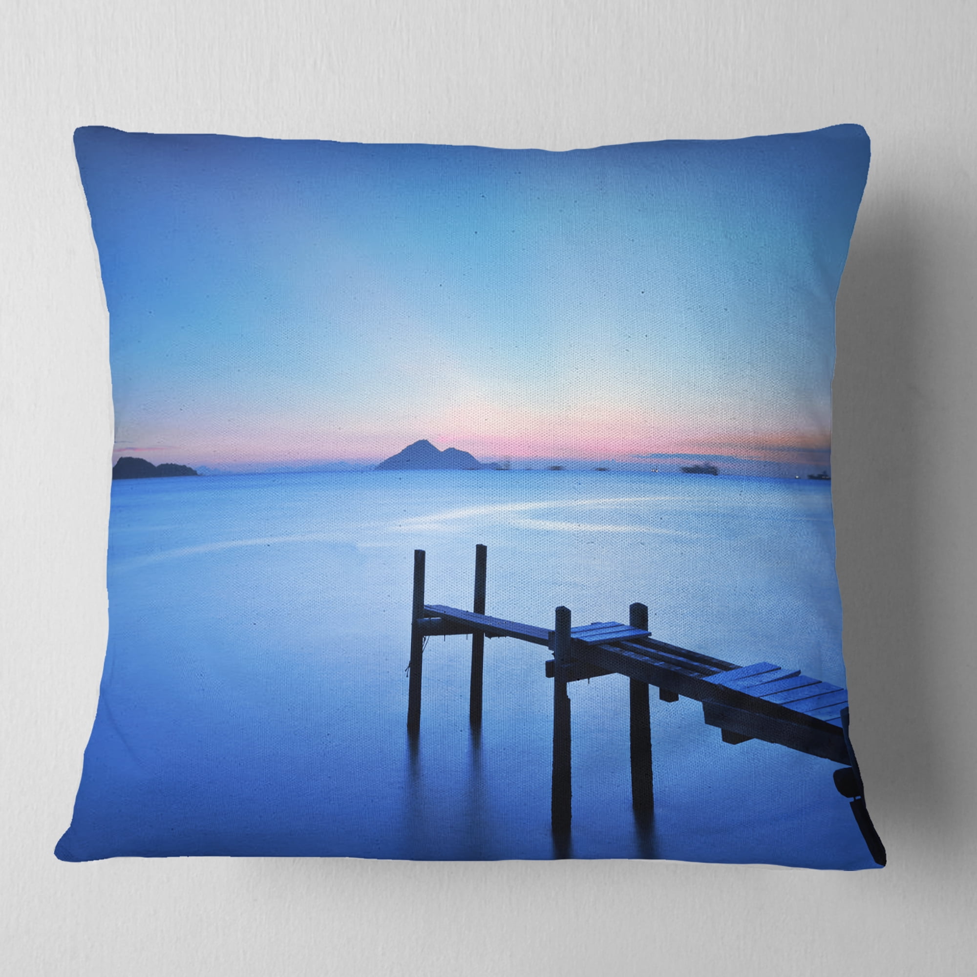 Designart Wooden Pier in Blue Sea - Seascape Throw Pillow - 16x16