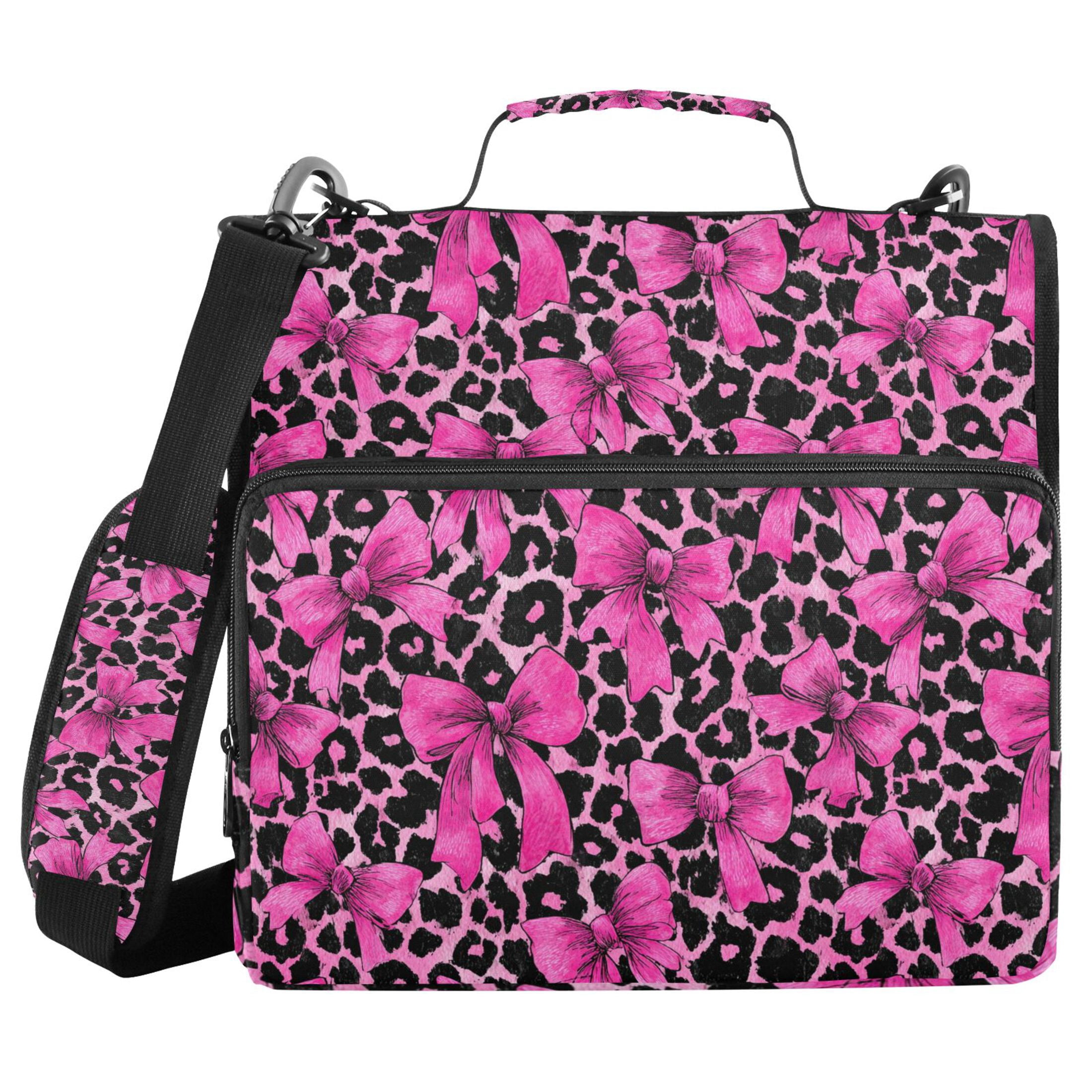 Zipper Binder Bow and Leopard Print 1.5 Inch Binder Folder Bag with Shoulder Strap and Handle
