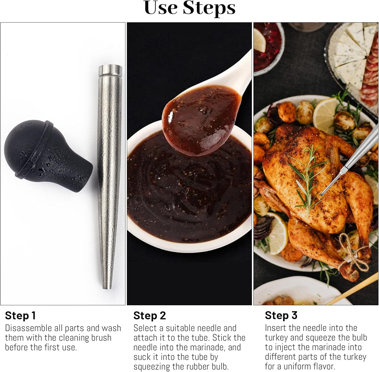 Turkey Syringe for Cooking, Large Stainless Steel Meat Injector, with Cleaning Brush and 2 Marinade Needles, Black