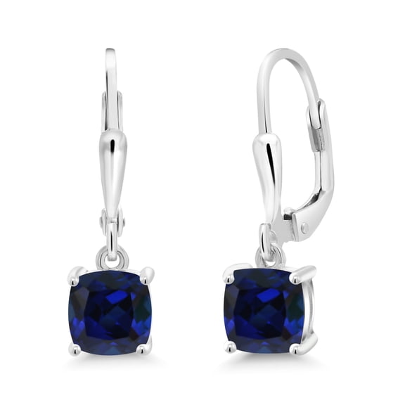 Gem Stone King 925 Sterling Silver Blue Created Sapphire Dangle Earrings for Women (2.00 Cttw, Gemstone September Birthstone, Cushion 6MM)