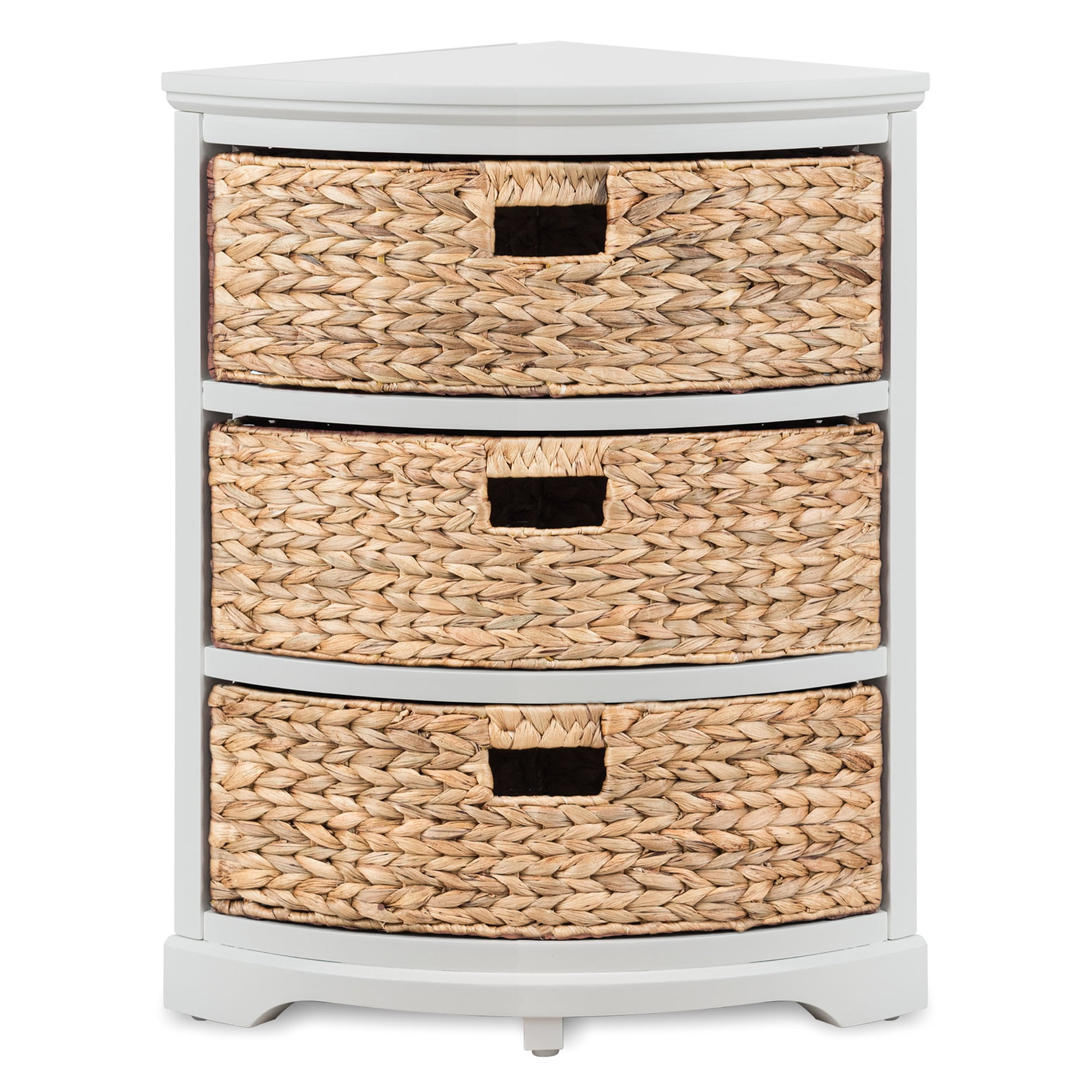 Hampton Meadows 3 Tier X-Side Corner Table Storage Cabinet with 3 Natural Water Hyacinth Wicker Baskets for Living Room, White