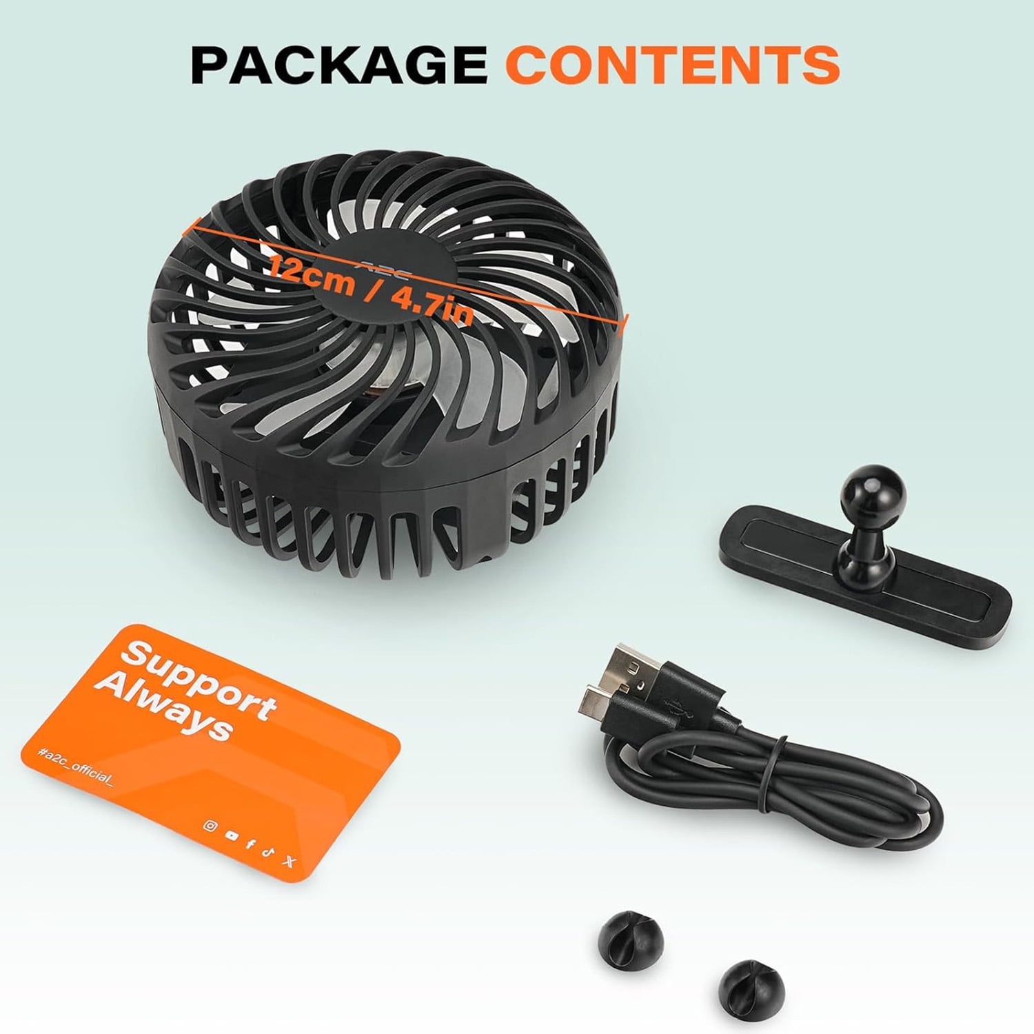 A2C Portable Fan, Rechargeable Magnetic Base Battery Operated 3-Speed Strong Airflow, Mini Desk Fan, Golf Cart, Forklift, Camping, Gym, Outdoor, Black