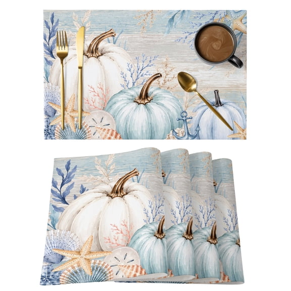 Coastal Pumpkins Fall Placemats Set of 6 Thanksgiving Botanical Vintage Place Mats Indoor Wipeable Table Mats Washable Cloth Dining Table Placemats for Kitchen Holiday Party Home Decor 13x19 Inch