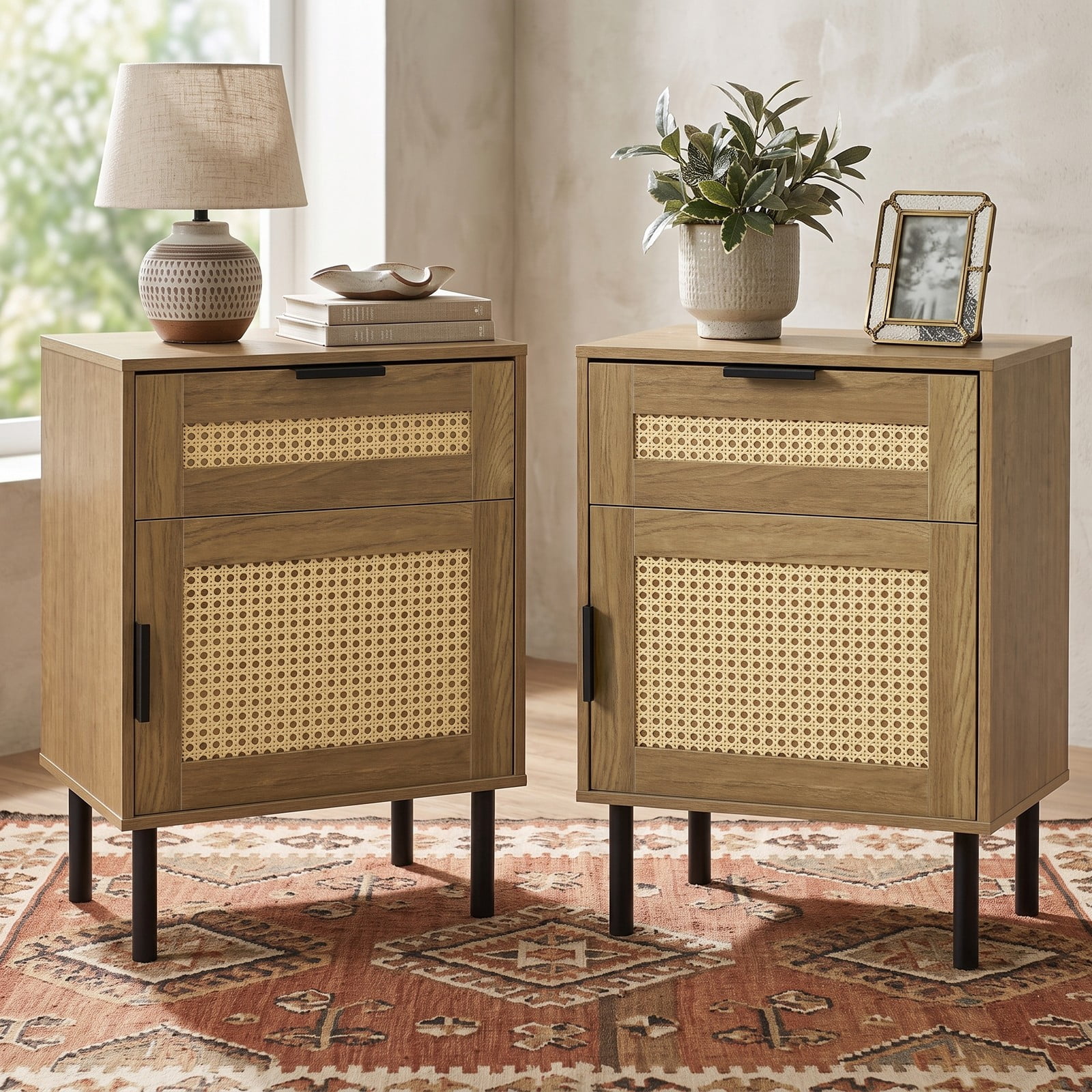 Furnibear Set of 2 Rattan Nightstands with Drawer and Storage Cabinet plus Metal Legs for Bedroom Dorm and Guest Room, Natural