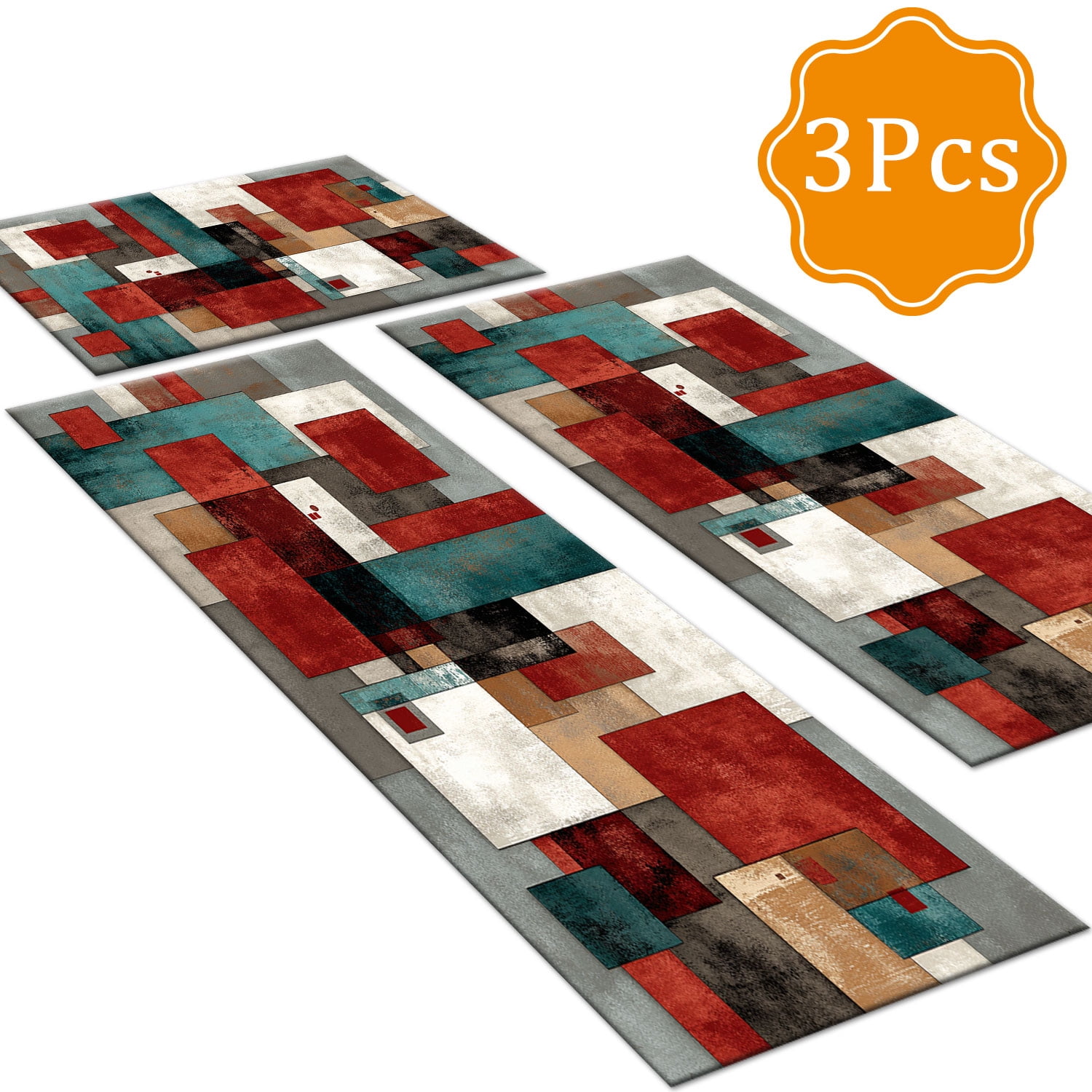 3 Piece Kitchen Rug Set, Abstract Pattern Kitchen Hallway Rug, Soft And Comfortable, Suitable For Sinks, Floors, Entrances, Hallways And Bathrooms