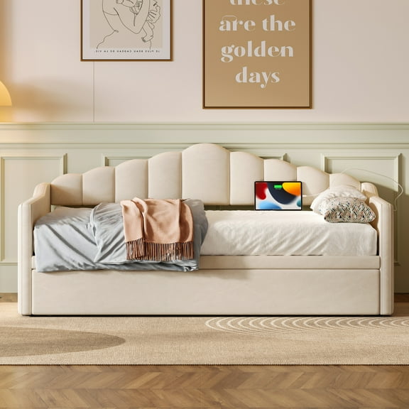 Twin Size Daybed Frame with Pop Up Trundle, Modern Velvet Daybed Frame with Charging Station and Side Pockets, Day Bed Frame for Bedroom Guest Room Living Room, Beige