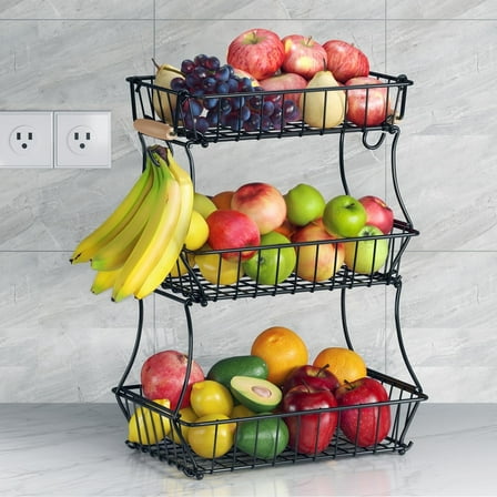 Wetheny 3-Tier Fruit Basket Bowl Vegetable Storage with Banana Hook and Wooden handle for Kitchen Counter, Detachable Wire Metal Basket for Bread Snacks Onions Potatoes Black