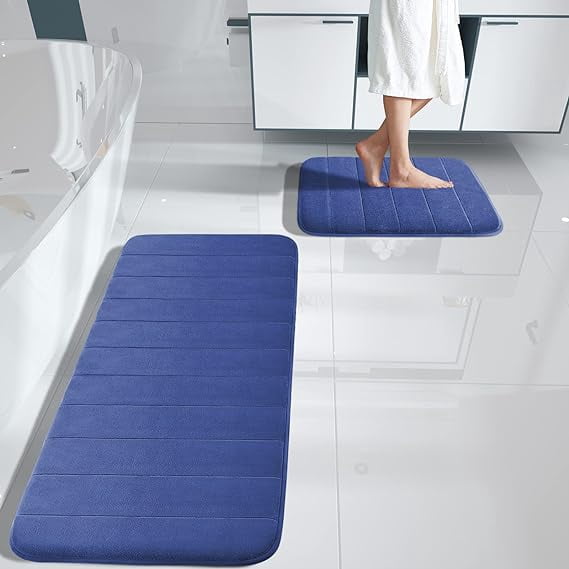 2 Piece Memory Foam Bath Mat Set Thick Bathroom Rugs Soft Bath Mats for Bathroom Extra Absorbent Floor Mats Bath Rugs Set for Kitchen/Living Room(20" x 32"/17" x 24", Navy Blue)