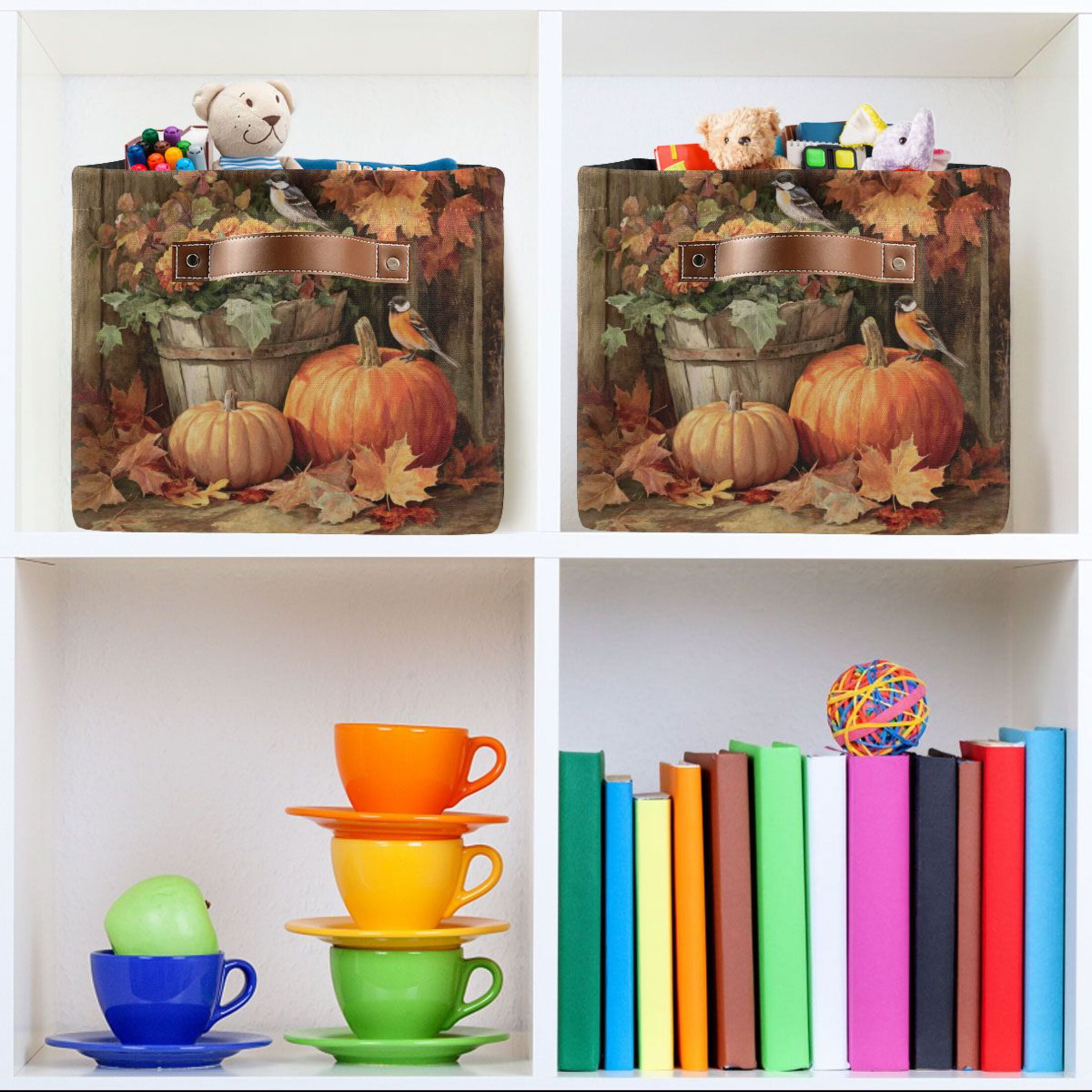 Foldable Storage Basket,Canvas Fabric Foldable Storage Bins with Handles Open Home Storage Bins Boxes for Toy Book Shelf Closet Baskets Beautiful Fall Scene