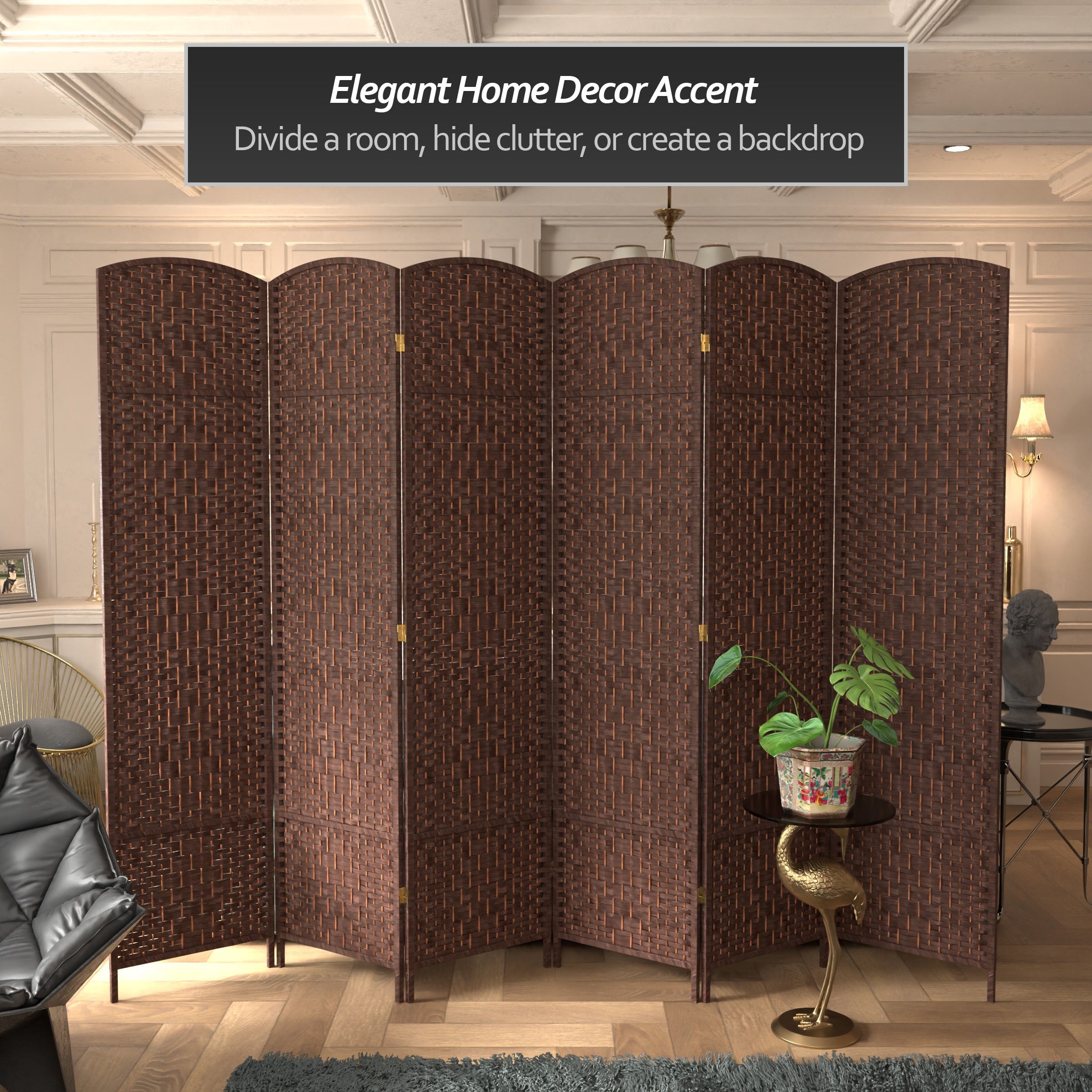 7 ft. Tall Rattan Fiber Diamond Weave Privacy Screen Room Divider - Dark Mocha - 6 Panels