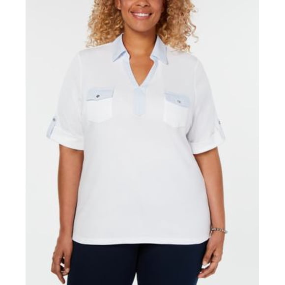 Karen Scott Plus Size Cotton Collared Top Bright White 0X