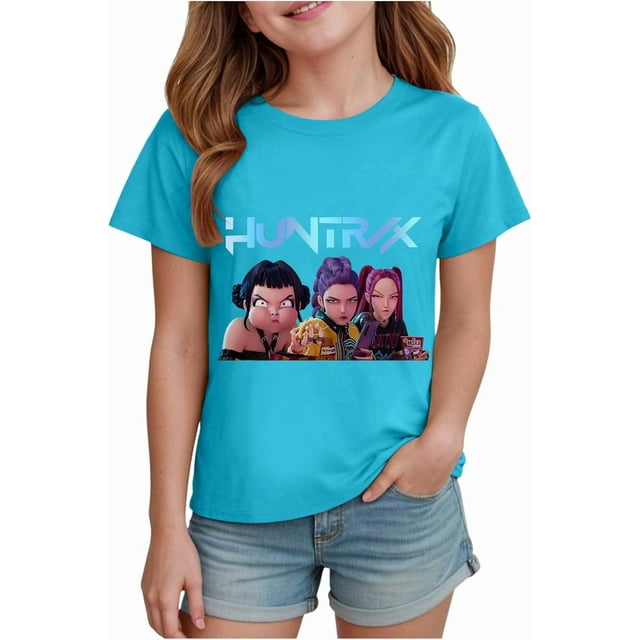 K pop Demon Chandail pour Filles, T-Shirt Graphique Mignon avec Dessin Animé, T-Shirt Tendance et Drôle, Chandail pour Enfants, Hauts Roses, Manches Courtes, Col Ras du Cou