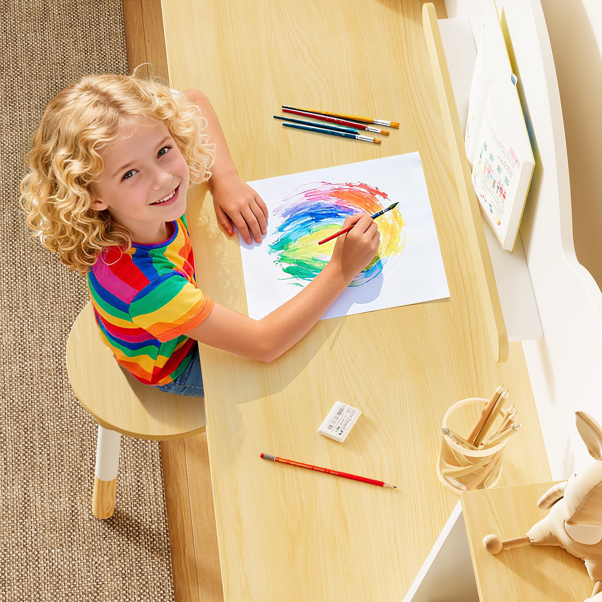 Joywind Kids Desk and Chair Set with Bookshelf & 2 Stools, 5-Storage Cabinet Study Table, Wooden Writing Desk for Children Ages 3-8, for Boys Girls Bedroom or Playroom