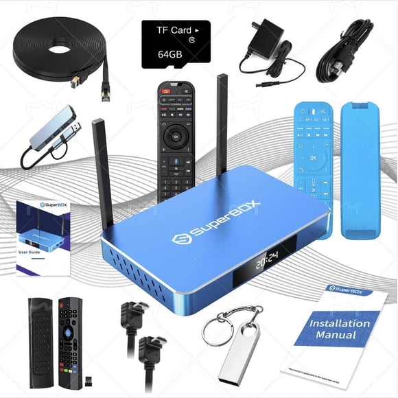 SUPERBOX S5MAX Ultimate Kit – Includes Flying Mouse, 128GB Storage & Hub, Boost your setup with angled HDMI, Ethernet cable, 64GB TF card & soft remote case for smooth entertainment.