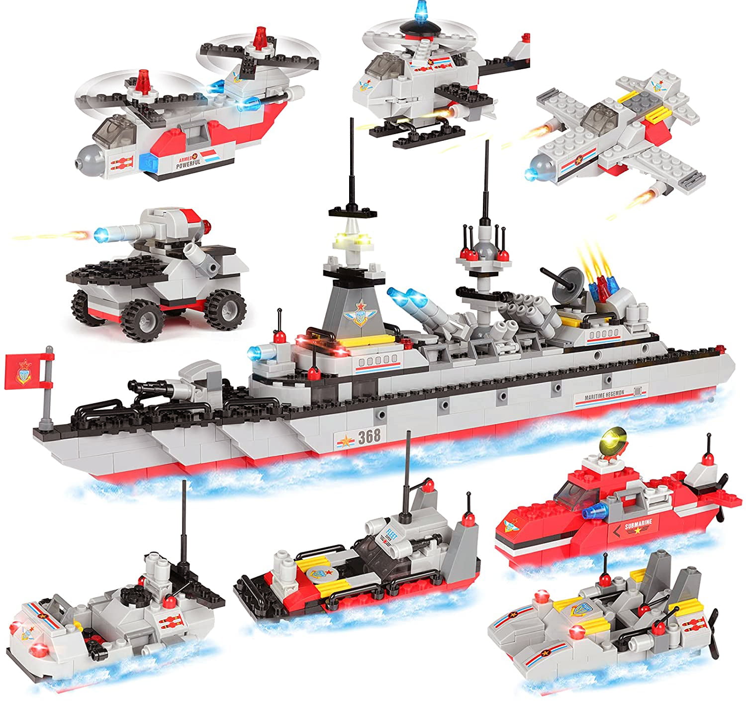 630 PCS STEM Building Kit with Baseplate Ideal Gift for Kids Aged 6+ 2021 Upgrade Military Battleship Building Blocks Kit Missile Cruiser Building Bricks with Army Car Helicopter Patrol Boat