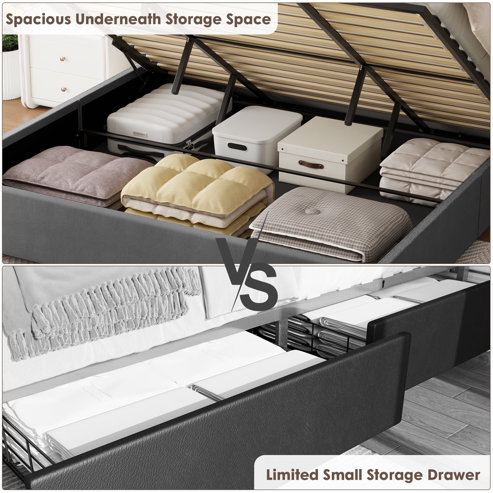 Miniyam Full Size Contemporary Platform Bed with Lift-Up Storage for Adult, Gray