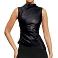 thumbnail image 3 of Women' Solid Mock Neck Sleeveless PU Leather Pleated Slim Fit Tank Top, 3 of 8