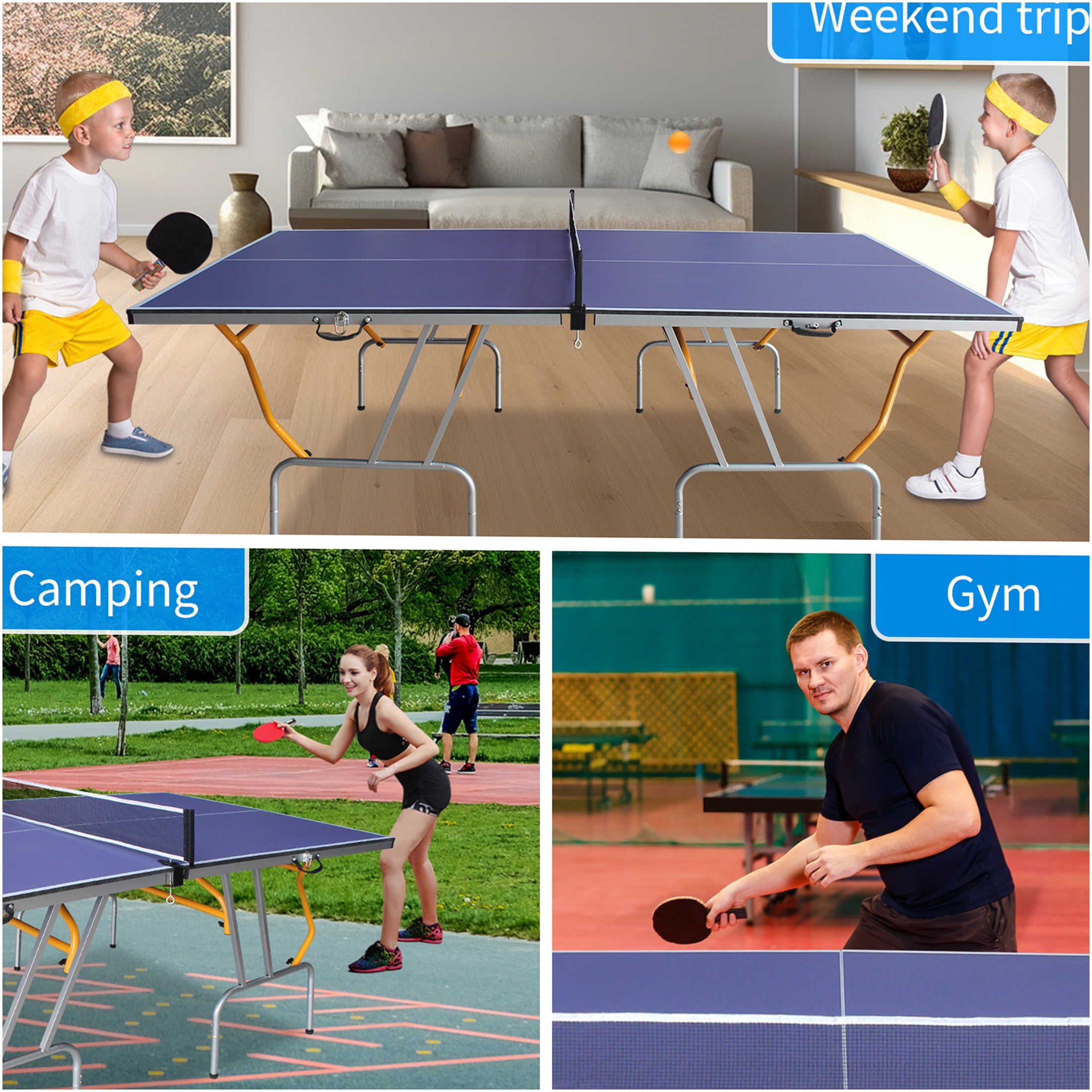 JERFIT 8ft Foldable Ping Pong Table Set with Net, Paddles & Balls, Portable MDF Surface Indoor Outdoor Game Table, Blue