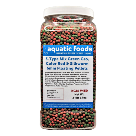 3-Type 6mm Floating Blend Mix of Green Growth & Red Color Enhancing & Silkworm Pellets (To increase Color Glossiness) for ALL Tropicals, Cichlids, Koi & Pond Fish. KGM-450…2-lb 14oz Lg Jar