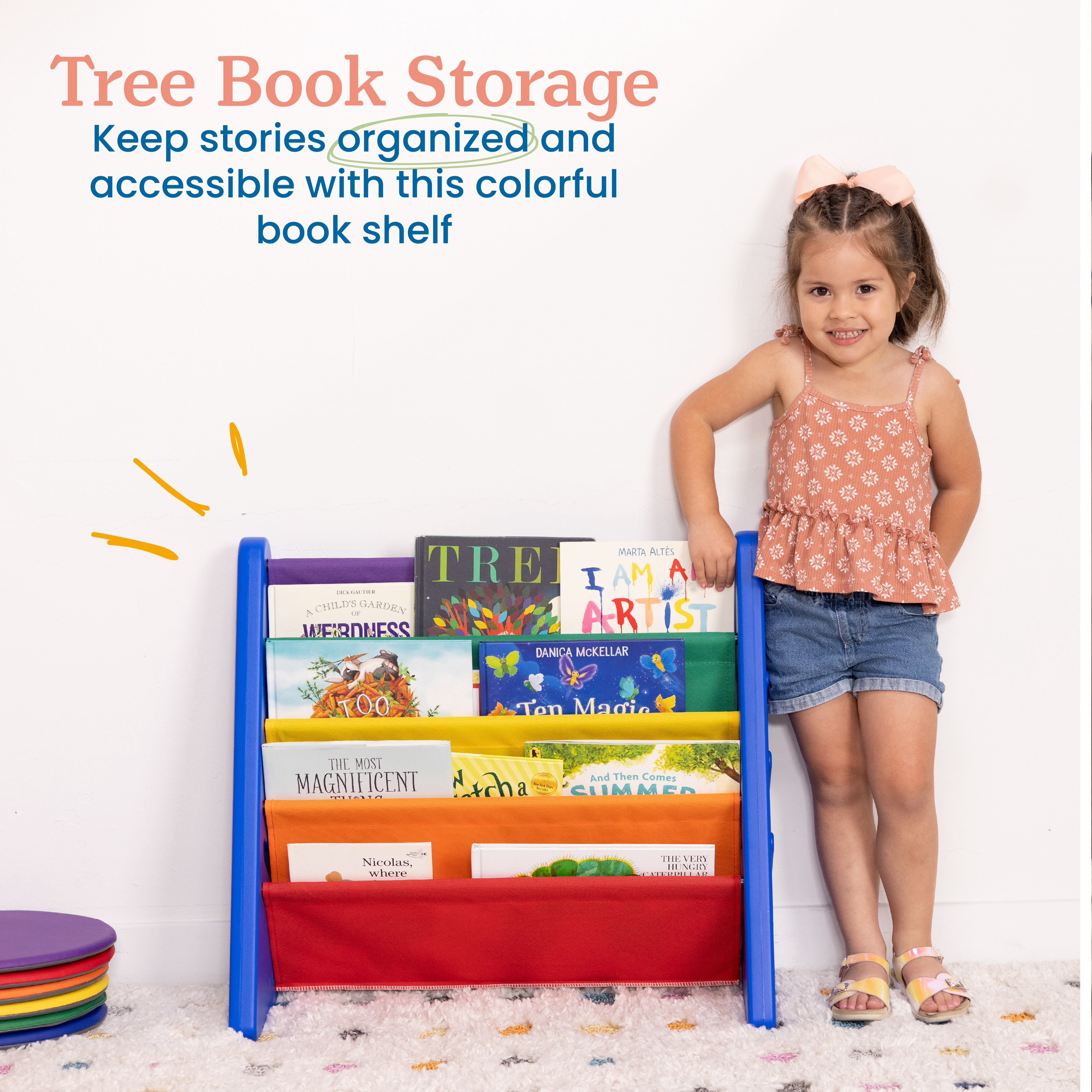 ECR4Kids 4-Tier Sling Book Display with Deep Fabric Pockets, Primary