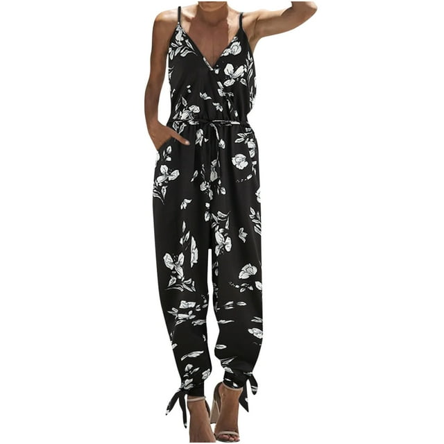 Mono sin mangas con cinturón y cuello en V cómodo de verano a la moda para mujer Pompotops ulkah941991