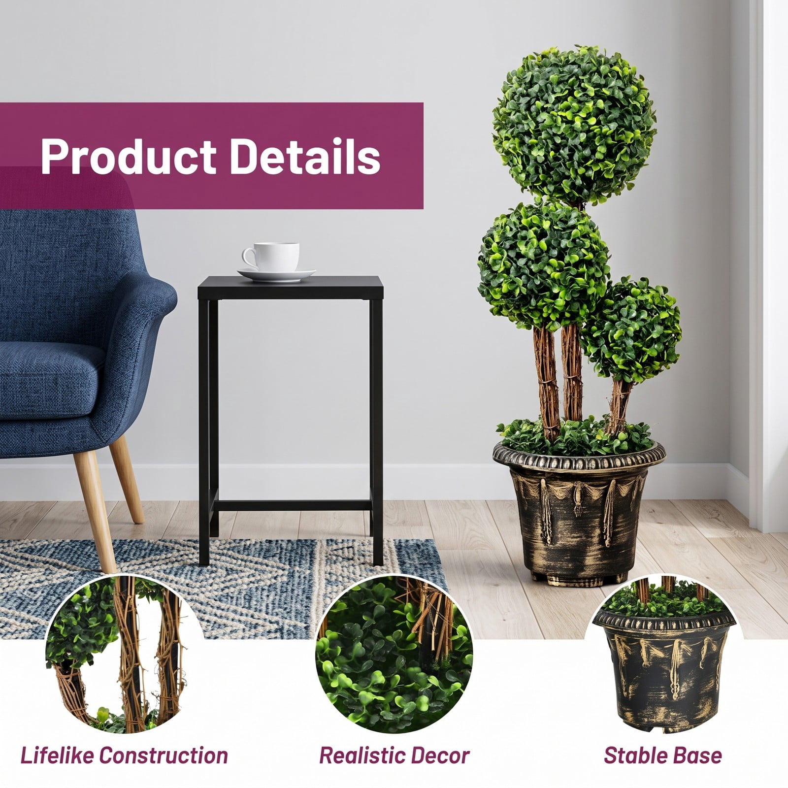 ALPULON 30 Inch Artificial Topiary Triple Ball Tree, Faux Boxwood Potted Plant with Cement Base, UV Protected Indoor Outdoor Decor for Front Porch Entryway Patio, Green