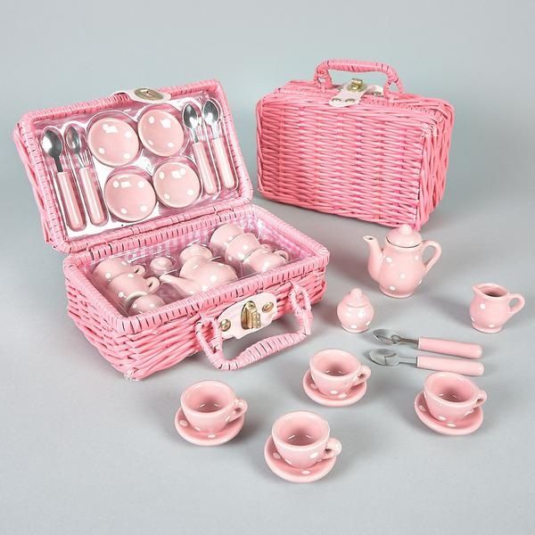 Porcelain Tea Set with Pink Basket 17 pcs. Pretend Play Toy by Floss