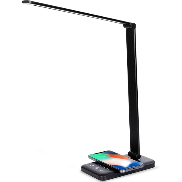 Lámpara de escritorio multifuncional con luz que no parpadea, con carga inalámbrica y puerto de carga USB, 5 modos de iluminación, 5 niveles de brillo, para dormitorios universitarios, hogar y oficina