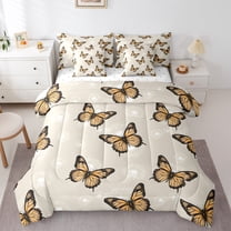 Manfei Orange Butterfly Print Bedding Comforter Set 7pcs, Romantic Dandelion Flower Queen Bedding Sets, Vintage French Style Queen Sheet Sets, Breathable Home Decor