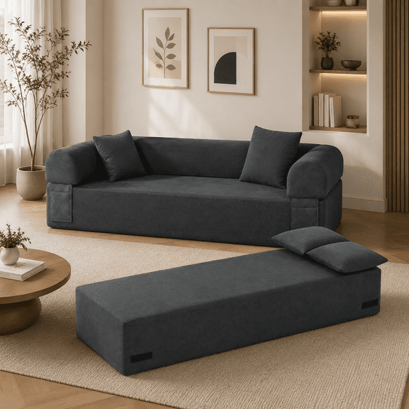 Boneless Couch 3 Seater Convertible Cloud Sofa Couch with Removable Backrest, Corduroy Sofa Couch with Deep Seat and 2 Pillows for Living Room, Office, Apartment, Gray No Assembly Needed,Gray