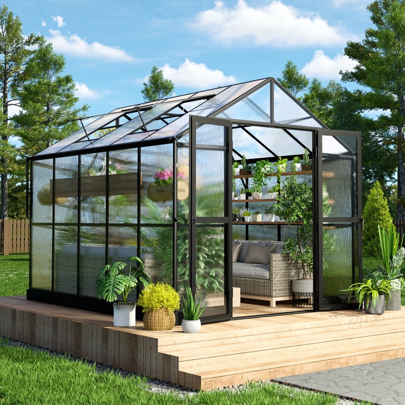 LUXOAK 8x10x7.5 ft Polycarbonate Greenhouse 2 Vents Double Swing Doors 5.2ft Added Wall Height, Black