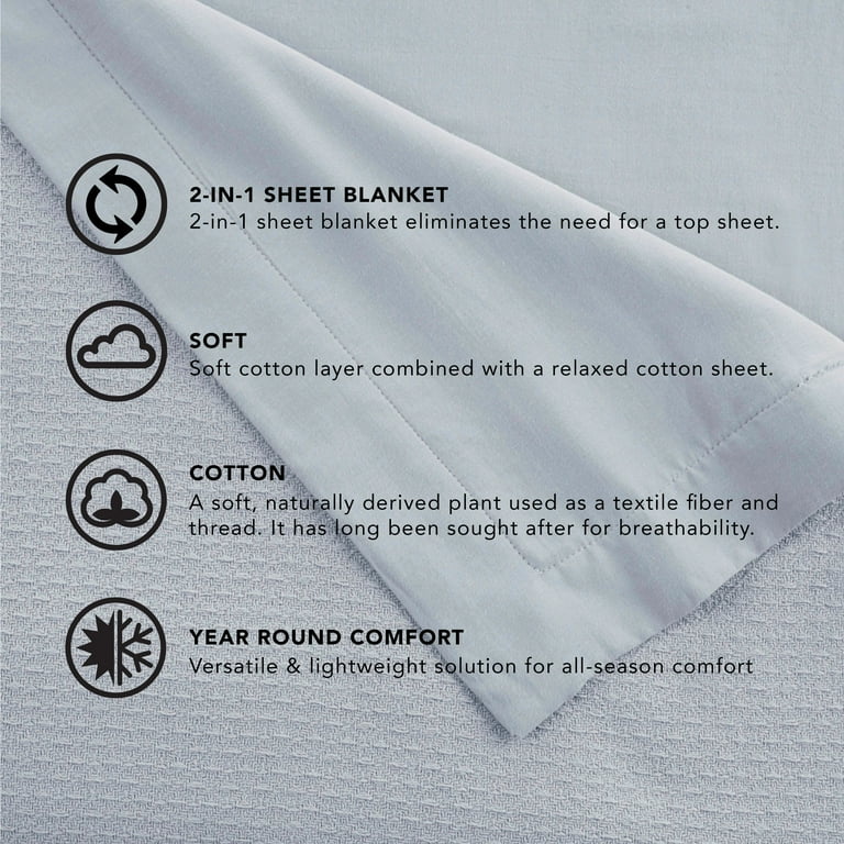 Vellux 1B07523 Reversible Cotton Sheet Solid Lightweight Couch and Bed Blanket King Blue