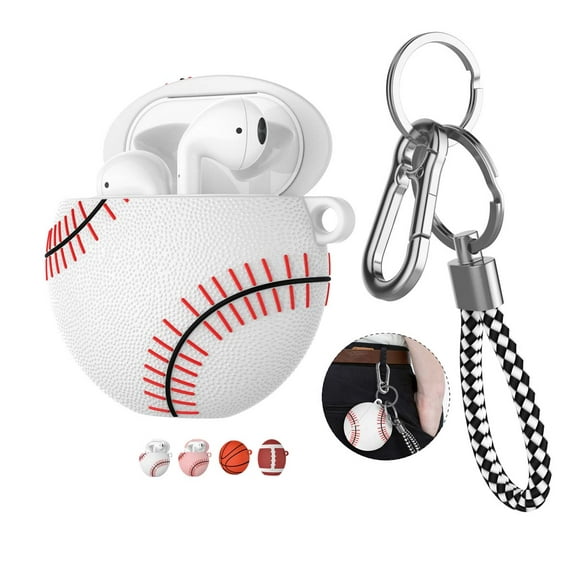 Airpods 2 & Airpods 1 Case Cover with Keychain, Njjex Full Protective Premium PVC Rubber Silicone Case Cover with Keychain Strap for Men (White Baseball)