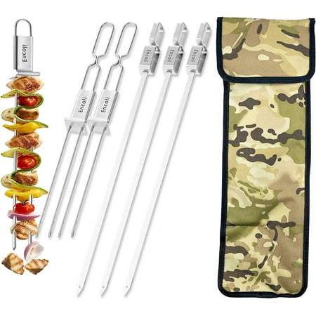 

Encoli Kabob Grill Skewers - 304 Stainless Steel Shish kebob Sticks With Silder - Resuable Flat BBQ Skewers Set With Storage Bag - 17.7“ Single And 13 Double Pronged (6 Pcs)