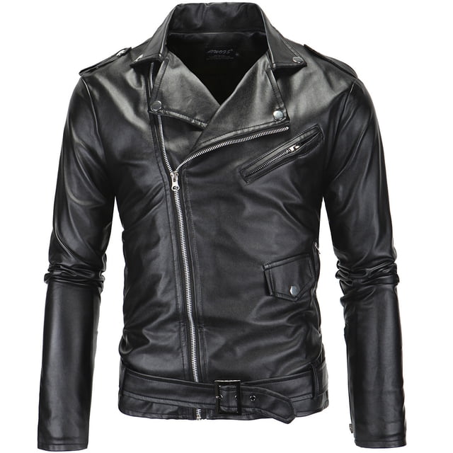 Chaqueta de cuero con cremallera oblicua y solapa informal ajustada para motocicleta para hombre