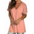 thumbnail image 3 of Liher Women V Neck Short Sleeve T-Shirt Casual Loose Summer Tops Rolled Sleeve Side Split Hem Tunic Tops Shirts Pink S, 3 of 3