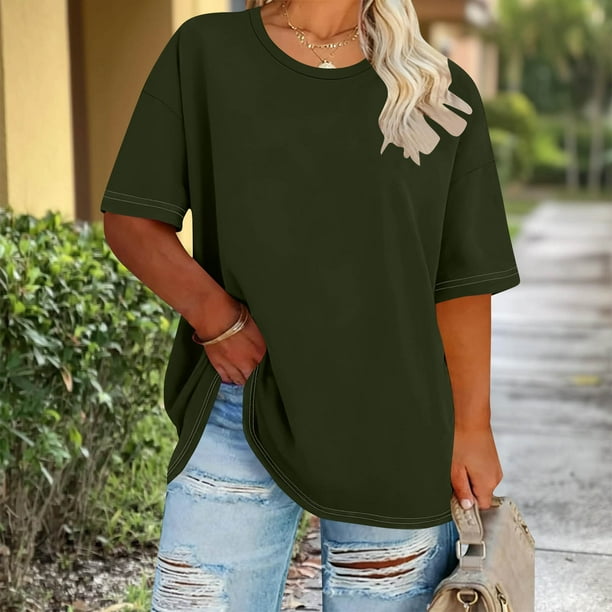 Cutuoiiu Short Sleeve Tops for Women Summer Round Neck Solid Color Plus Size T-Shirts Gifts