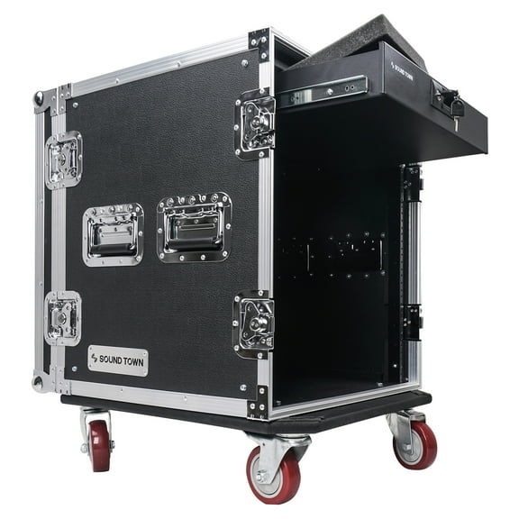 Sound Town 12U PA DJ Pro Audio Rack/Road ATA Case with Locking Drawer, 21’’ Rackable Depth, Casters, Metal Ball Corners - Pro Tour Grade (STRC-12D2)