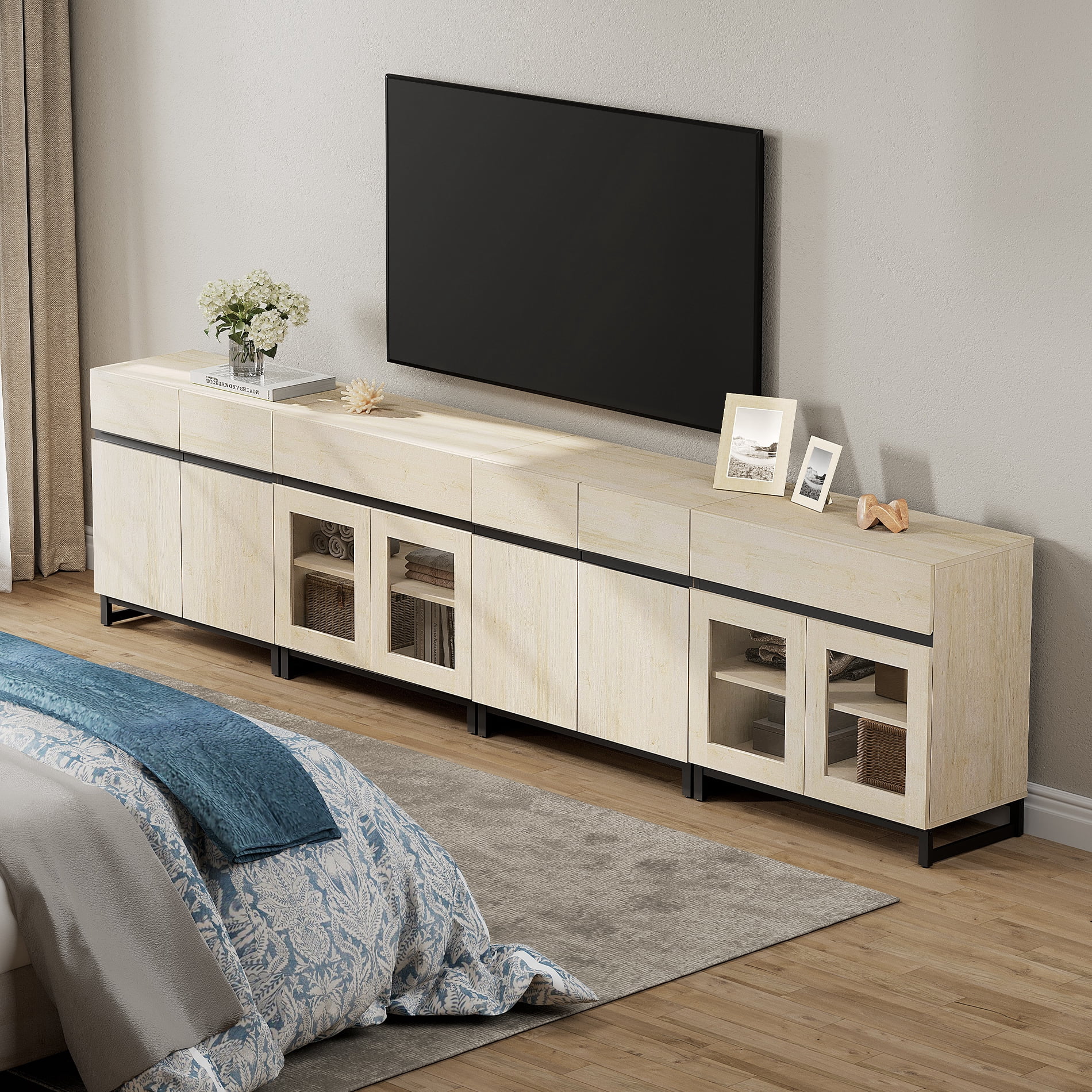 Modern TV Stand For Tvs Up To 120 Inches, 4 In 1 TV Console With Glass Doors And 2 Drawers, Media Console With Adjustable Shelf For Living Room,Beige