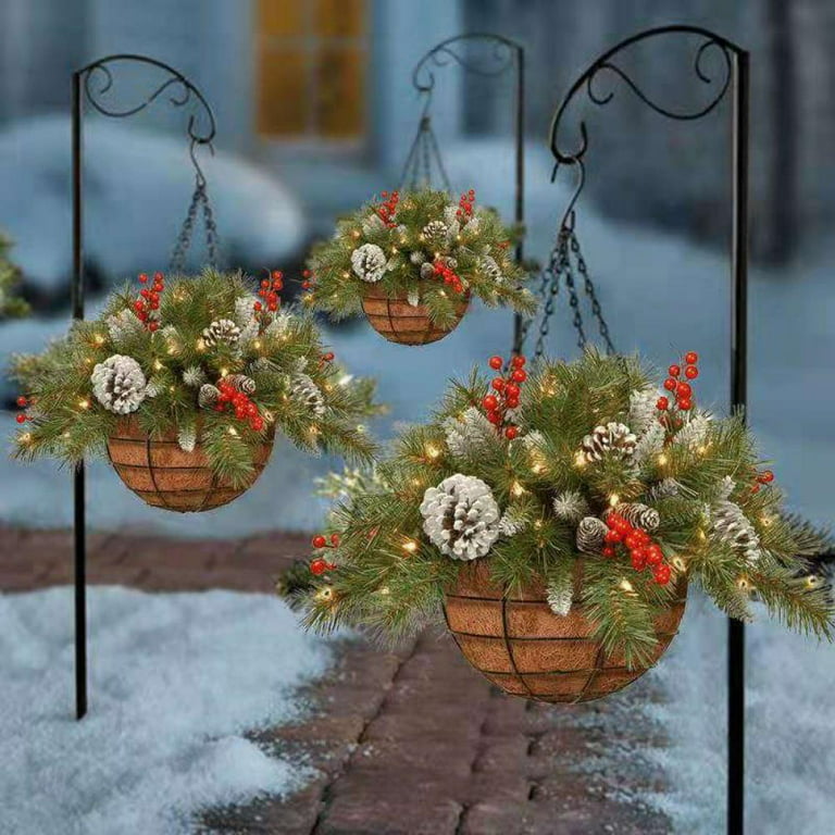 Xmarks Artificial Christmas Hanging Basket, Pre-Lit Hanging Planters with  Pine Cones, Berries, Snow for Indoor Outdoor Christmas Garden Decoration