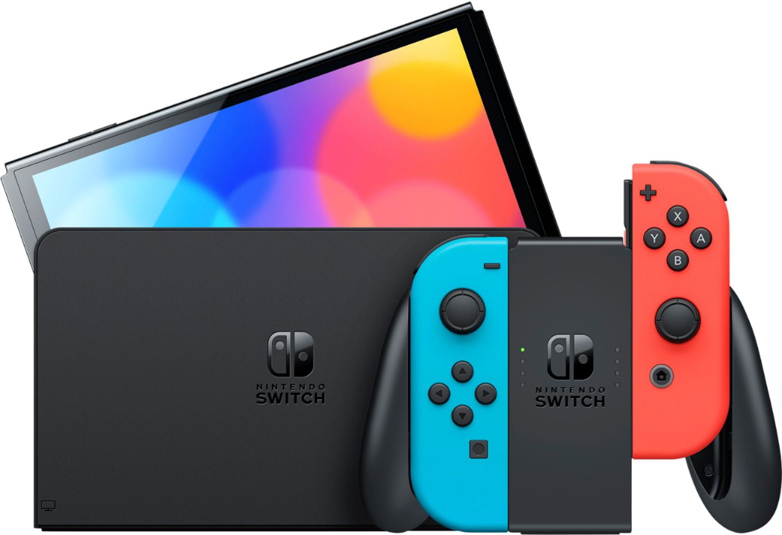Nintendo Switch OLED Model Neon Red and Blue Joy Con 64GB Console HD Screen  and LAN-Port Dock with Super Mario Odyssey and Mytrix Wireless Switch Pro  