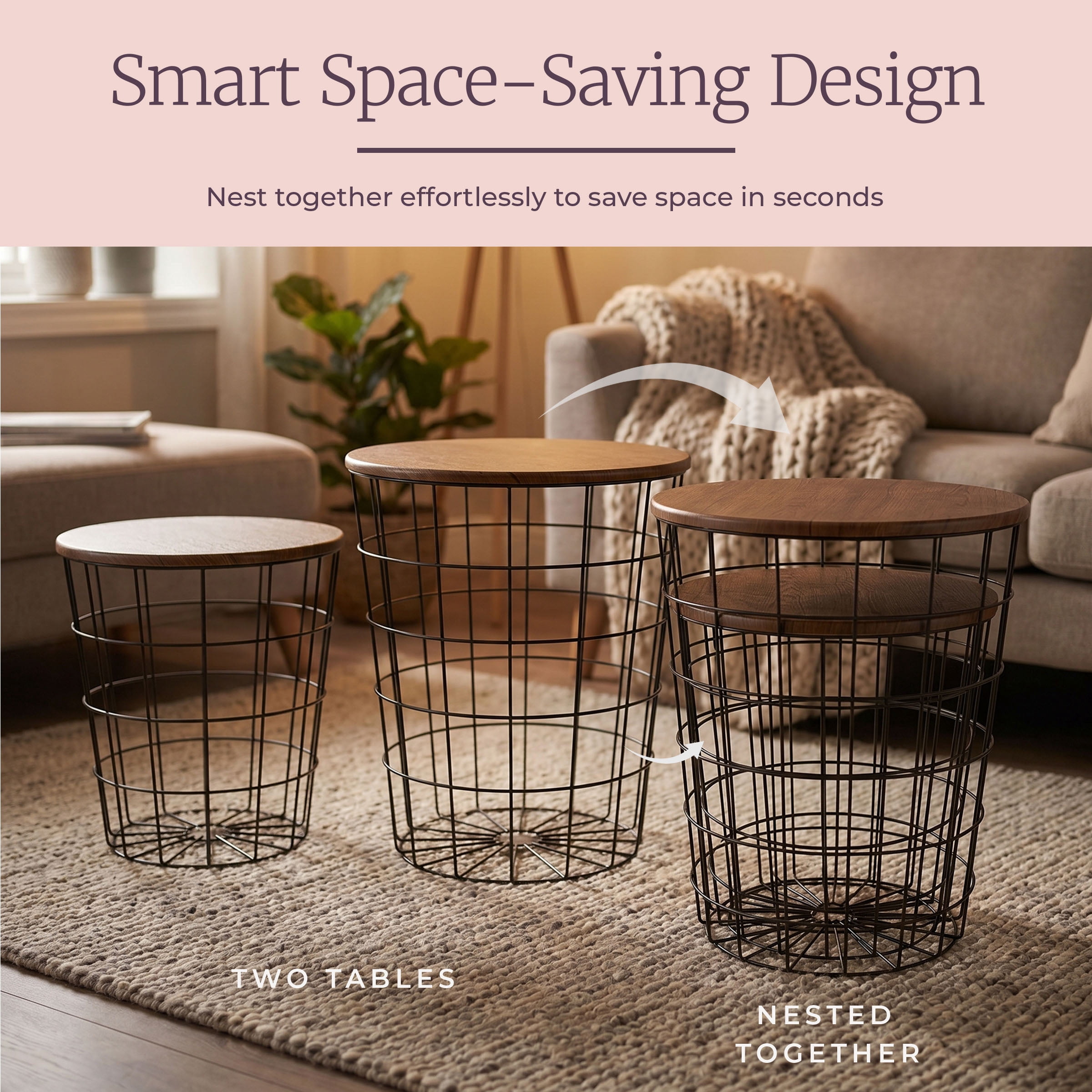 Lavish Home Nesting Basket End Tables Set of 2 for Blanket Storage, Brown