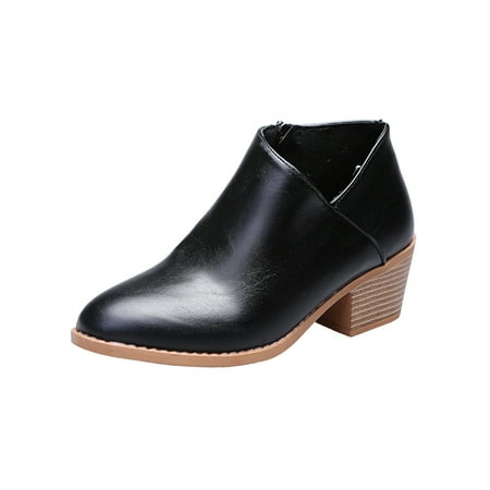 

SIMANLAN Ladies Stacked Heels Boots Mid Heel Short Boot Side Zip Ankle Booties Womens Lightweight Winter Shoes Women Casual Bootie Black 7.5